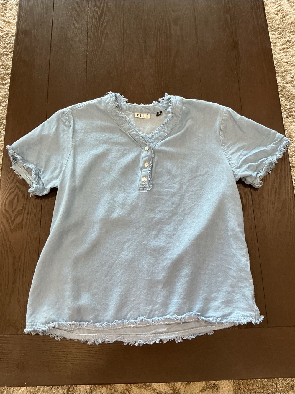 Elle Women's Chambray Frayed Henley Button-Front Top